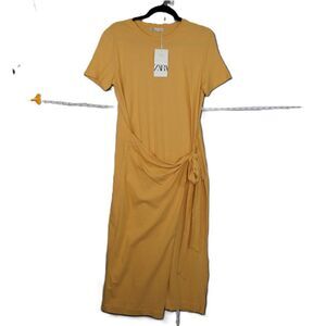 Zara Midi Front Tie Waist Mustard Yellow Short Sleeve Dress Summer NWT